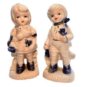 Vintage Holland Figurine Set Farm Boy Girl On Bench Porcelain Blue White Gold